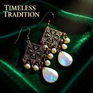 Sleek Chic Robust Feminine Girly Elegant Rustic Copper & MOP + Pearl Earrings